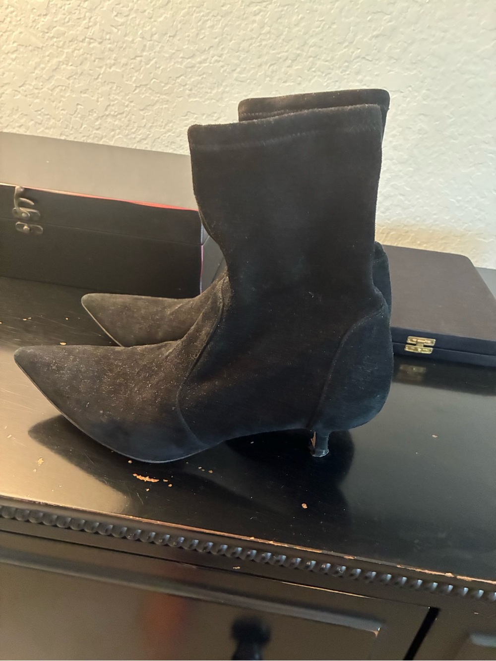 Stuart Weitzman Black Suede Pointed-Toe Ankle Boots
